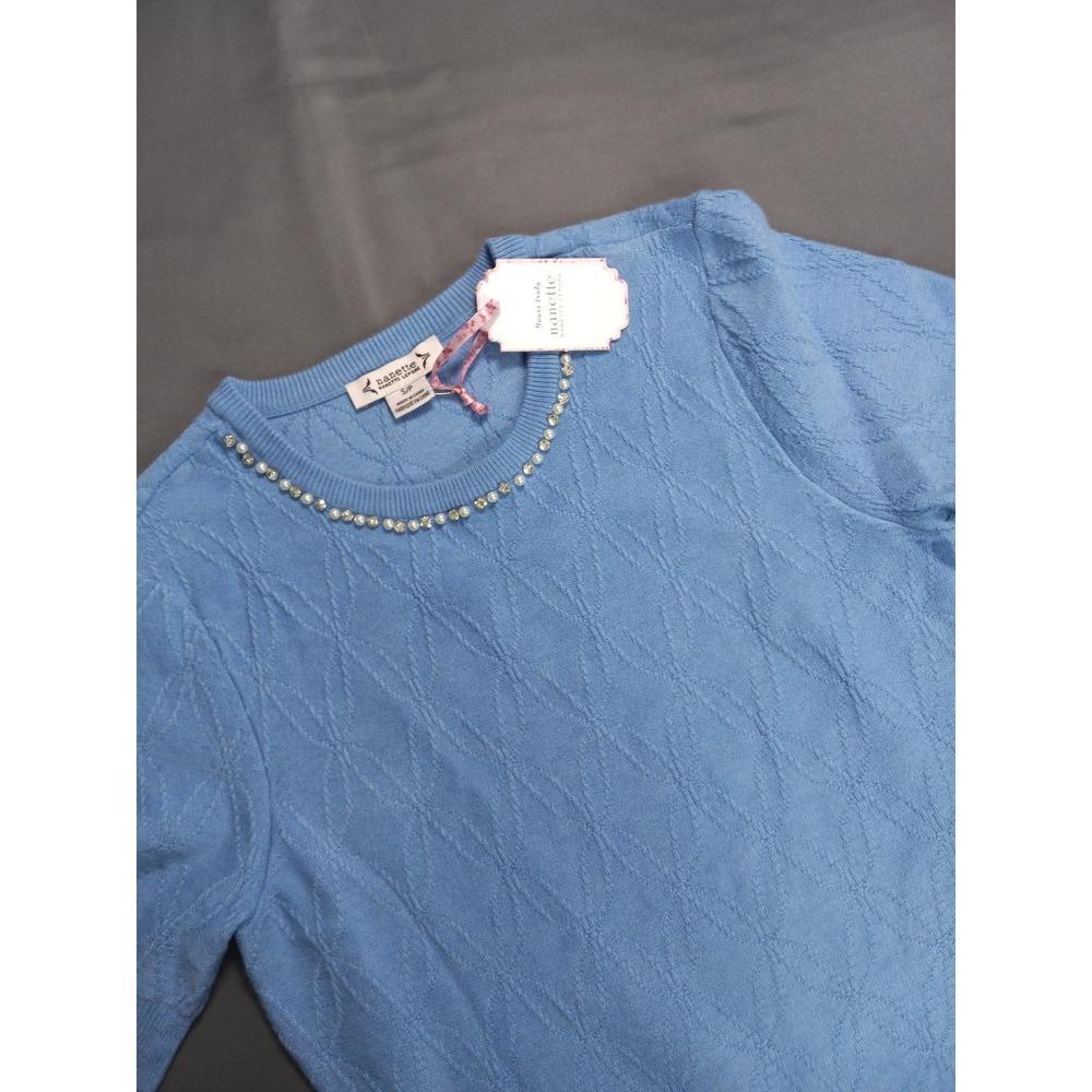NWT Nanette Lepore Blue‎ Pointelle Rhinestone Embellished Sweater Size S